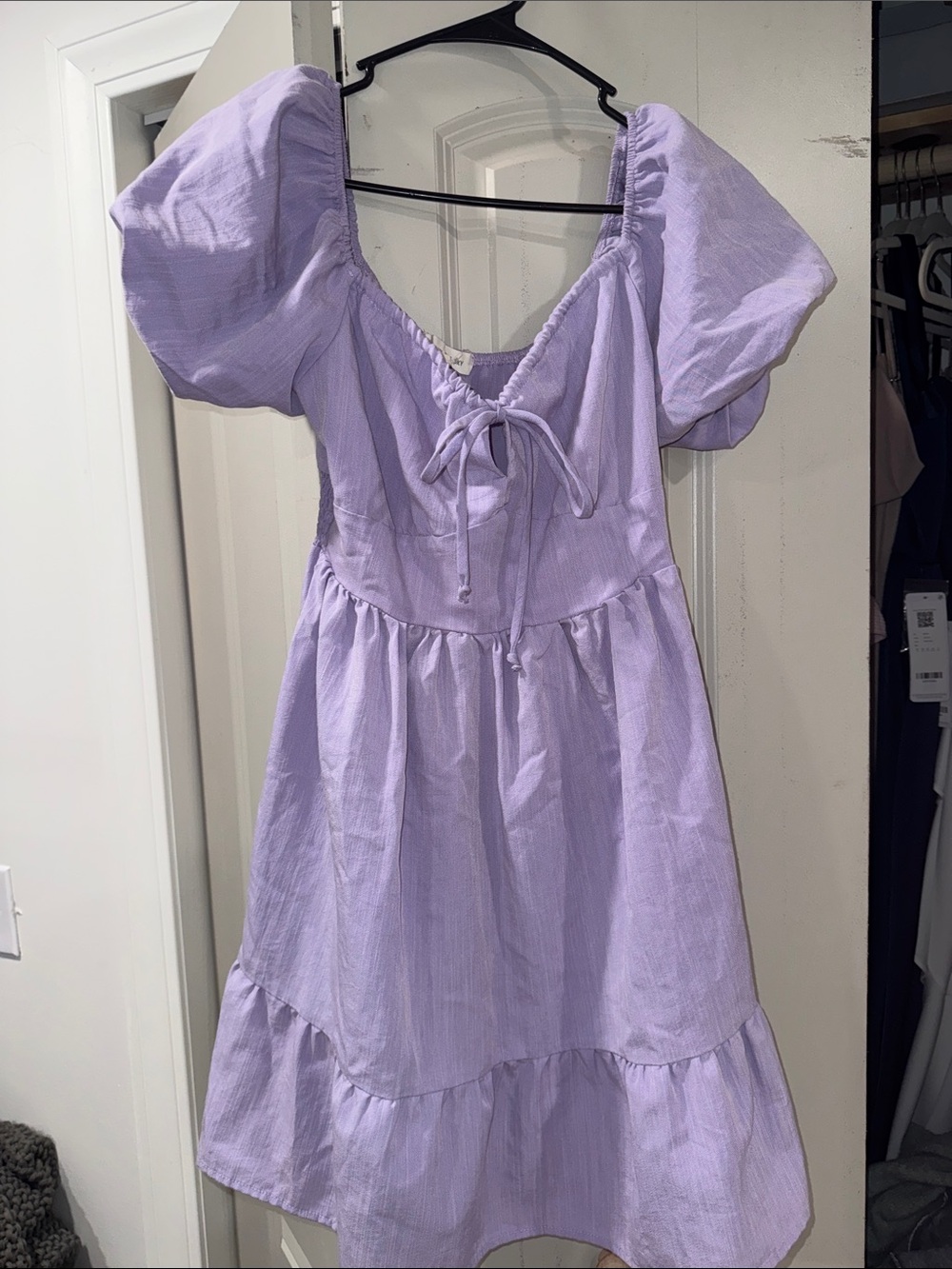 Lilac Puff-Sleeve Mini Dress with Tie-Front